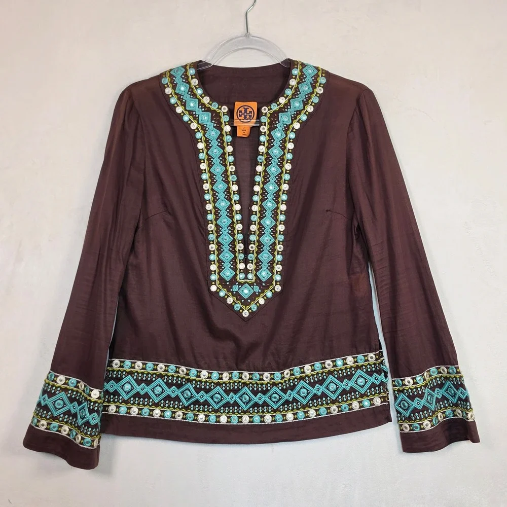 Tory Burch Tunic Women 2 Brown Boho Coastal Festival Embroidered Blue Resortwear